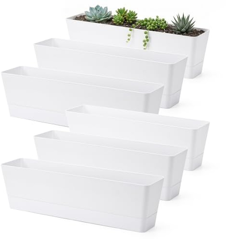 Greaner, Juego de 6 jardineras largas de 40,6 x 9,7 cm, rectangulares de plástico con platillo, para balcón, Oficina, jardín, alféizar de Ventana, Interior y Exterior, Apto para Verduras
