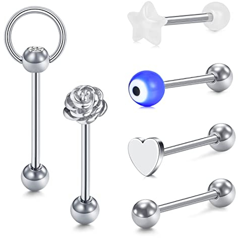 VCMART 16mm Tongue Bars 14G Stainless Steel Metal Barbells Heart Star Tongue Piercing Jewellery