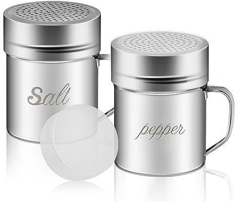 ZERUIDM Stainless Steel Salt and Pepper Shakers Set, 10 OZ Seasoning Spice Shaker with Lid and Handle 127 Holes, Metal Dredge Shaker for Powder Sugar Cooking Kitchen Baking (2 Pieces)