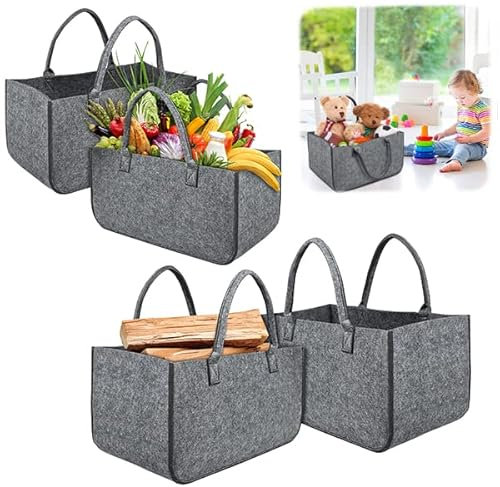 Aufun 4 Stück Filztasche Kaminholztasche Filz, Faltbar Brennholzkorb Einkaufstasche, Filztaschen Shopper, für Kaminholz Kleidung Spielzug(50 x 25 x 25 cm, Hellgrau)