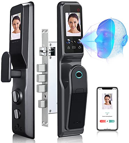 TEHONGMAI Smart Door Lock, Face Recognition Biometric Fingerprint Digital Password Card Smart Door Lock with Visible Door Viewer, with Keys, for Home Entry Doors
