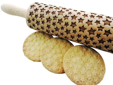 Nudelholz mit Muster Weihnachten Backen - Teigroller Holz für DIY Weihnachten Plätzchen - Graviert Plätzchenrolle mit Motiv - 3D Plätzchen Roller STERNE von Algis Crafts