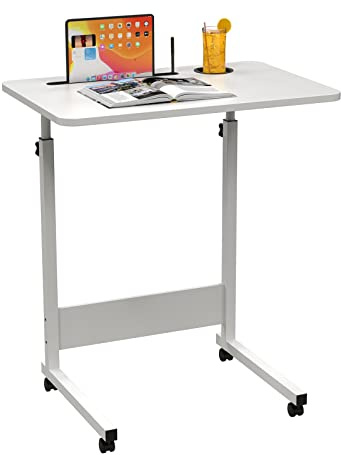 Escritorio para Ordenador Regulable Altura, Mesa Auxiliar con Ruedas, Escritorio Elevable, Ranura para Taza, Soporte de Lectura, Mesa Portatil Multiusos para Sofá, Cama, Oficina, 60 × 40 cm, Blanco