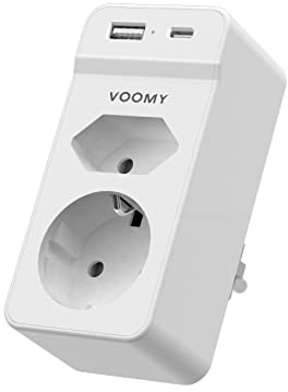 VOOMY Presa Multipla 4 in 1, Multipresa con USB, Prese Elettriche con 2 Prese 1 USB e 1 Tipo C, 4000W Adattatore Spina Protezione da Sovratensione e Cortocircuito, Bianco