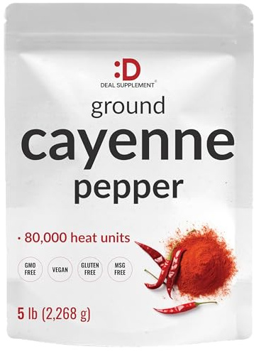 Ground Cayenne Pepper Powder, 5 Pounds – Extra Hot 80,000 Heat Units – Raw Spicy Red Pepper Flavor – Great Home Cooking Spice – Deters Animals from Garden – Non-GMO, MSG Free