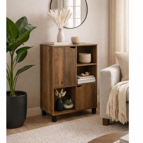 Dylex Sideboard, Side Cabinet, Storage Cabinet with 2 Doors and 3 Shelves Rustic Oak Finish Living Room Storage Furniture Bookcase