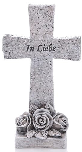 Annastore Besinnliche Grabdeko zur Erinnerung, frostfest und witterungsbeständig Grabschmuck - Grabfigur - Friedhof Deko (Kreuz In Liebe H 14 cm)