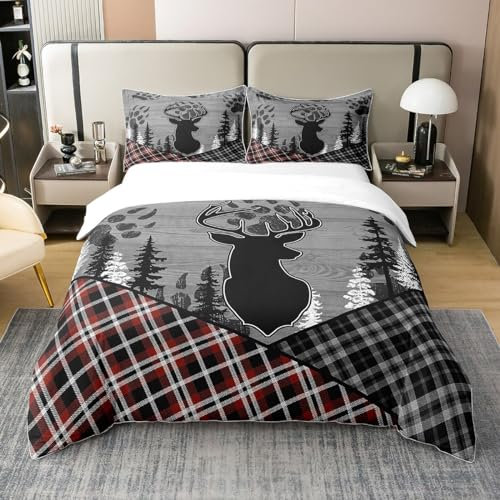 Retro Bauernhaus 100% Baumwolle Bettbezug,Hirsch Patchwork Bettwäsche Set 155x220,Grau Land Kabine Tröster Abdeckung,Waldtiere Rustikale Buffalo Plaid Bett Sets mit 1 Kissenbezug Bequem