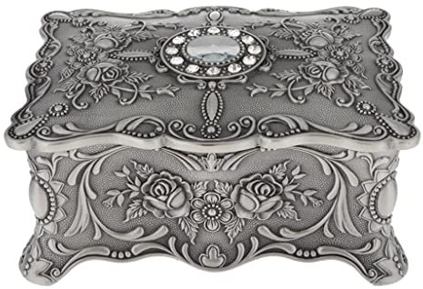 BONOOL Vintage gravierte Blumen-Antike-Schmuckschatulle, Schatz-Schmuckstück-Aufbewahrungskoffer (Farbe: Silber, Größe: Einheitsgröße)