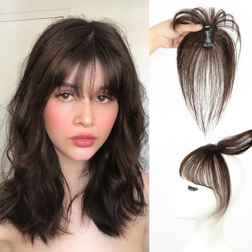 Vigorous Bangs Hair Clip, 360° Cover Clip in Bangs Real Human Hair 100% Human Hair Straight Hair Pieces for Women with Thinning Hairs (Dark Mocha Brown)