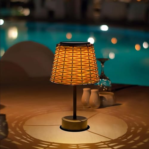 LED Solar Tischlampe Outdoor Tischleuchte Akku IP65 Wasserdichtes Solarlampen USB Aufladung Handgefertigte Rattan Laternenschirm Solar Lampe für Innen Außen Garten Esstisch Hotel 3000K Warmes Weiß