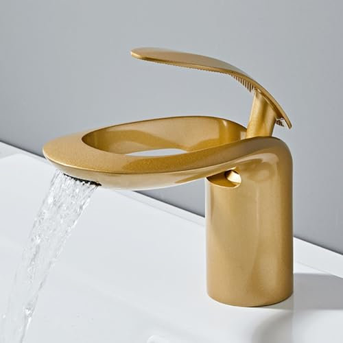 Waschtischarmatur Wasserfall Einlochmontage Messing Einhebelmischer Waschtischarmatur Badarmatur-Gebürstetes Gold