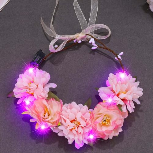 Zoestar Leuchtende Blumenkrone, Stirnband, LED-Haarkranz, Brautschmuck, Blumengirlande, Kopfschmuck, Festival, Party, Haarschmuck für Damen und Mädchen (Rosa, Einheitsgröße)