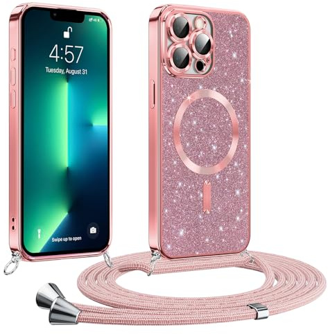 Phoona handyband Hülle für iPhone 13 Pro Max mit Band, Glitzer Handyhülle Kompatibel mit MagSafe, Ganzkörperschutz Kratzfeste Stossfest Schutzhülle mit Einstellbar Kette, Rosa