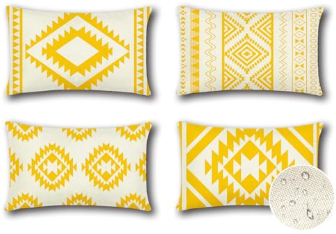 Artscope Extérieur Housse de Coussin Jaune, Lot de 4 Imperméable Géométrique Motif Canapé Taie d'oreiller pour Patio Jardin Salon Chambre Décoration, 40x60cm (Géométrie Bohème)
