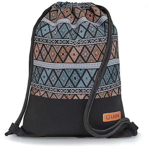 By Bers Leon großer Premium Turnbeutel mit Innentaschen Rucksack Tasche Damen Herren Teenager Gym Bag Draw String 45x34cm für Sport Reise Alltag Einkauf (TB_Boho_Schwarz_022)