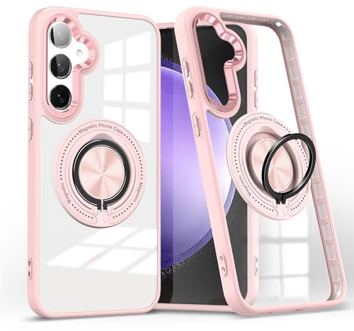 Kainevy for Samsung S25 Case Clear Magnetic with Metal Stand Ring Holder for MagSafe Phone Cover for Samsung Galaxy S25 Case Thin Hard Military Grade Shockproof Protective (Pink)