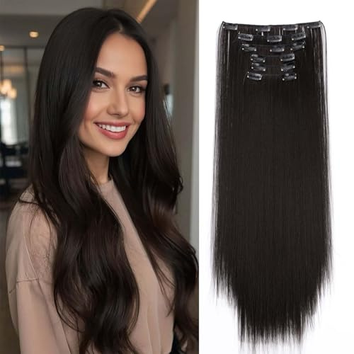 Gairyan 58cm Clip in Extensions Braun Glatt Lang 6PCS Haarverlängerungen mit Clips Synthetik Haar Extensions Clip in Haarteil Haarextension Gerade für Frauen, Dunkelbraun