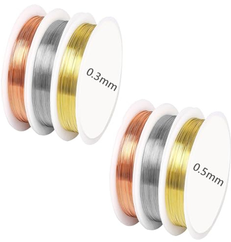 6 Rotoli Filo di Rame, 15M/rotolo X 0,3mm e 5,5M/rotolo X 0,5mm Filo Metallico per Bigiotteria, Fili Metallici per Creazione Gioielli,per Bracciali,Collane,Creazione di Gioielli(Argento,Oro,Oro Rosa)