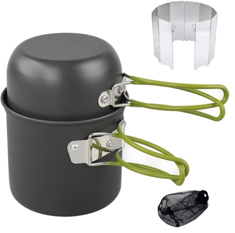 Pentole da campeggio per fornello a gas, set da cucina da campeggio, pentole e padelle da campeggio per 1 o 2 persone, escursionismo, trekking e campeggio, fornello da campeggio senza parabrezza