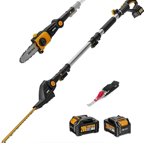 Alloyman 20V MAX 2-in-1 Teleskop Akku Heckenschere und Akku Hochentaster, mit 2 x 4,0 Ah Akkus und Ladegerät, 2,4 Meter Teleskopsäge und Heckenschneider für Strauch und Heckenschnitt