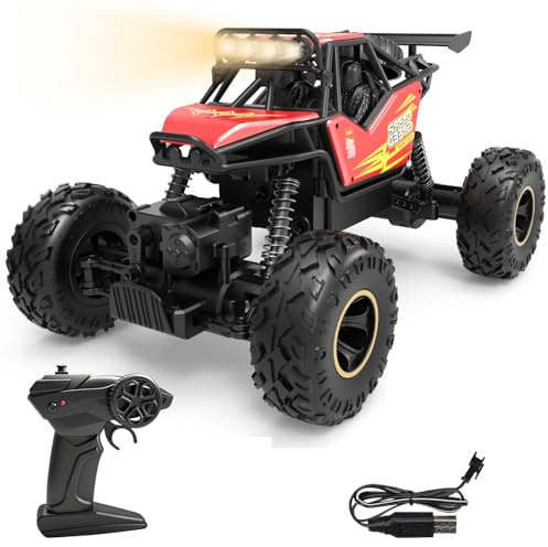 DEERC Remote Control Car 1:14 Scale, 4WD Rock Crawler Off Road RC Truck with LED Lights & Dual Batteries, All Terrain RC Car for Boys Age 8-12