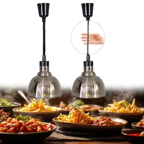 BOVDC Lampada Riscaldante Cucina (Acciaio inossidabile-25cm,2 Pezzi) | 250W Lampada Riscaldante per Alimenti Regolabile, Lampada Scaldavivande Ristorante Sospeso 19 cm/25 cm per Hotel a Buffet