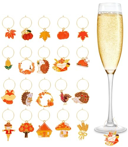 SRIZIAN 20PCS Thanksgiving Wine Glass Charms, Autumn Wine Glass Markers Wine Glass Identification Tags for Stem Glasses Party Decorations