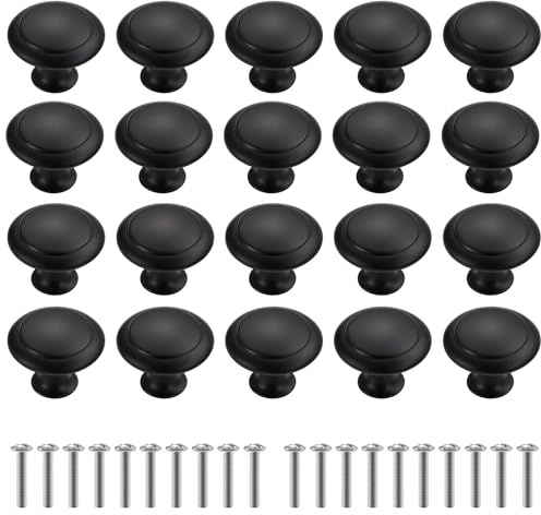 DtgEcd 20 Pack Matte Black Door Knobs for Kitchen Cabinets,Black Cupboard Handles, Wardrobes, Drawers, Modern Round Cabinet Hardware with Screws Included, 2.3cm X 2.7cm Each