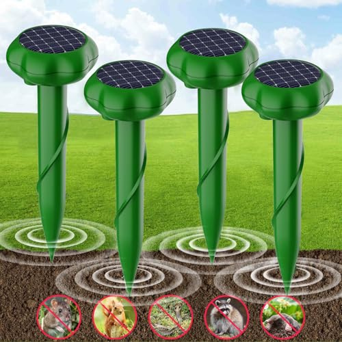 WUGEIN Solar Mole Repellent Ultrasonic,Outdoor Powered Sonic Deterrent,Mole Stopper Scare Vole for Lawn Garden & Yard Home Waterproof,Groundhog Repeller Snake Rodent Gopher Spikes Chaser Pest (4 Pack)