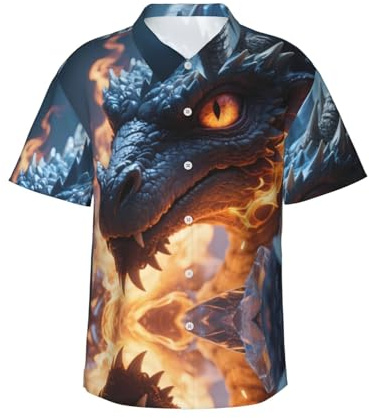 Färgglada roliga hawaiianska skjortor för män vardaglig kortärmad button-down-skjorta strand semester skjortor S-3XL, Drake med is och flamma, M
