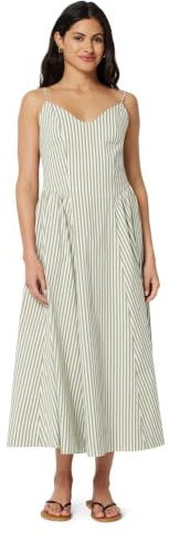 Amazon Essentials Abito Midi Fit & Flare in Popeline di Cotone con Spalline Sottili Donna, Verde Kaki Lavato A Righe Uniformi, M