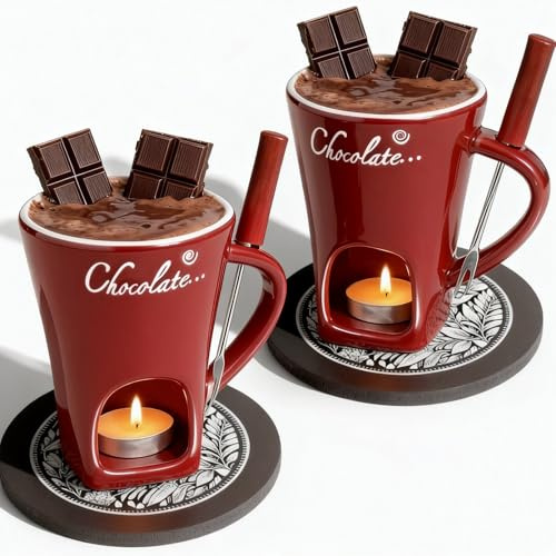 Chocolate Fondue Mug Set of 2,Chocolate Melting Cup Tea Light,Fondue Mug Chocolates Melting Cup Cookware Candy Hot Pot,Ceramic Chocolates Meltings Mugs with Fork ＆ Coasters (2 Red)