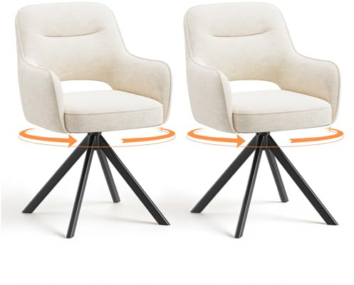 COLAMY Drehbare Esszimmerstühle 2er Set mit Armlehnen, Drehbare Polsterstühle für Küche & Esszimmer aus weichem Florstoff mit Metallgestell und Rückenlehne, für Esszimmer, Küche, Büro,Beige