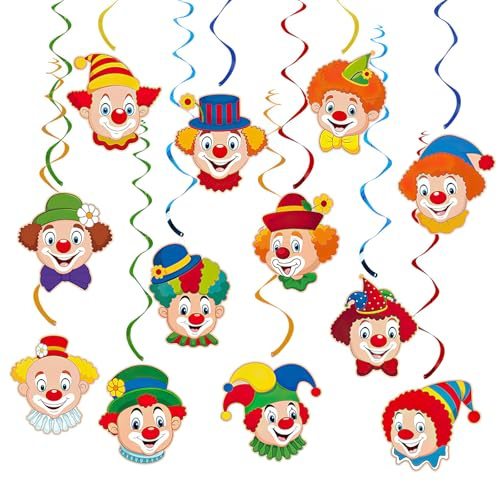 12 Stück Clown Girlande Karneval, Fasching Dekoration, Clown Deko Faschingsparty, Spiral Girlanden mit Motiv mit Wimpelkette, Luftschlangen für Deckenhänger, Hängende Wirbel Dekoration für Zirkus Deko