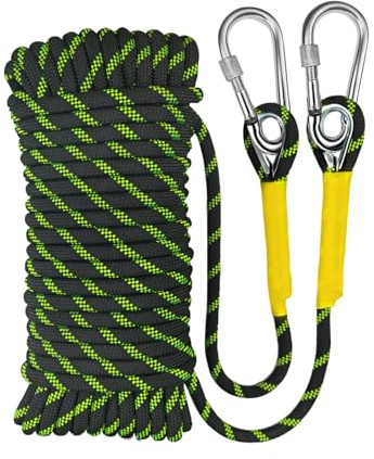 YIUBCZOQI Klättringsrep 8mm Statiskt Klättringsrep 20m Med 2 Stålkrokar För Brandräddning Paddling Fallskärmsrep Utomhus Vandring Bergsklättring Sport Camping UIAA Fluorescenterande Svart