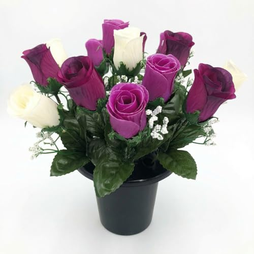 Pack 1 Artificial Flowers for Graves in Pots 25cm | 12 Head Ivory/Lilac/Purple Grave Flower Pots for Christmas | Luxury Memorial Flowers for Graves, Funerals & Lasting Tributes | All Season Displays