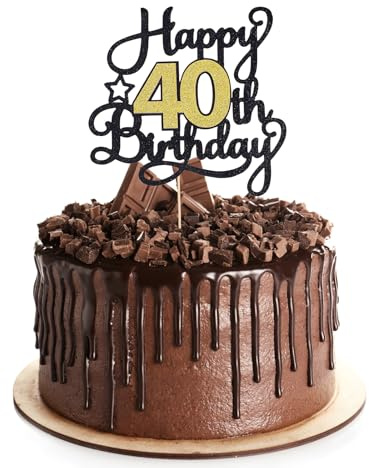 1 Pc Happy 40th Birthday Cake Topper Glitter Black & Gold, 40 Years Cake Topper for Women & Men, Happy 40th Birthday Decorations Cool 40 Year Old Birth Decor