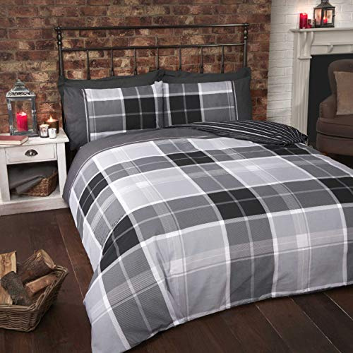 Rapport Home Argyle Tartan Check King Duvet Cover Set - Reversible Grey Bedding with two Pillowcases - Durable Polycotton Quilt Cover 220x230cm