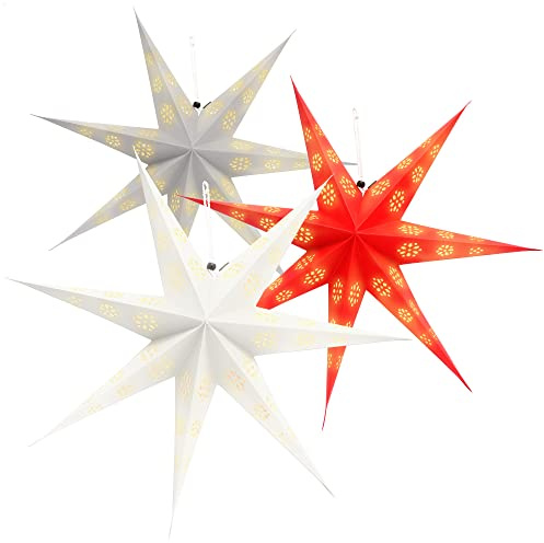 COM-FOUR 3 étoiles lumineuses en 3D avec LED - Étoile de Noël avec éclairage LED et minuterie - Étoile en papier de qualité supérieure à suspendre