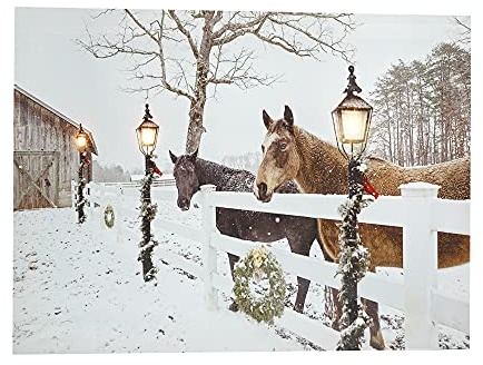 Dhr Worldwide, Inc Quadro Natalizio con Cavalli e Luci LED, Stampa su Tela con Paesaggio Innevato, 40 x 30 cm