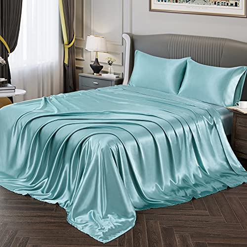 Vonty Satin-Bettlaken, Queen-Size-Größe, seidig weiches Satin-Bettwäsche-Set, 1 Spannbettlaken mit tiefen Taschen + 1 Bettlaken + 2 Kissenbezüge, Aquamarin