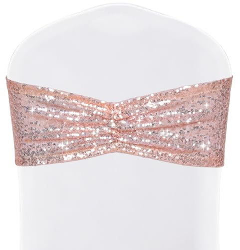 SquarePie Pack of 20 Sequin Chair Sashes Shiny Rose Gold Bows Bands for Wedding Banquet Party Decor