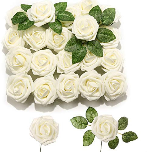 PartyWoo Artificial Flowers, 20 pcs Artificial Roses with Stems, Fake Flowers, Foam Flowers, Ivory White Roses Artificial Flowers, Valentines Day Decor, Valentines Day Decorations