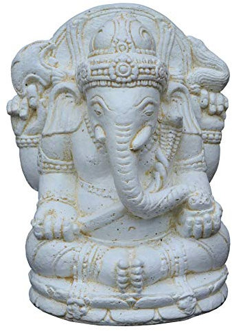 STONE art & more Ganesha Gartenfigur Elefantengott 30 cm sitzend Massive Steinfigur weiß antik Steinguss handgefertigt frostfest