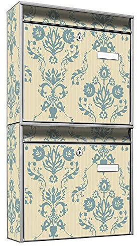 banjado Briefkastenanlage 2 Fach - 2 Briefkästen 36x64x10cm groß - Doppelbriefkasten Set - Namensschild, 2 Schlüssel, Montagematerial - Stahl verzinkt Silber - Motiv Tapete Blumen