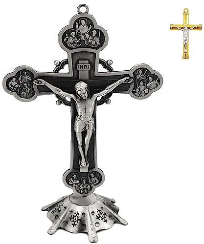 Jesus Altar Table Cross,Religious Crucifix Wall Decor with Stand,Metal Christian Wall-Mounted Ornament for Prayer,Catholic Ornaments