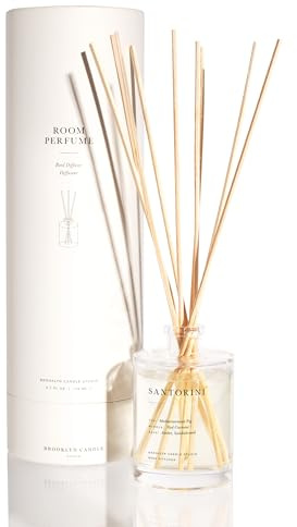 Brooklyn Candle Studio Reed Scent Diffuser - Santorini - Relaxing Oil Diffuser, Sandalwood & Amber Fragrance, 8 Rattan Diffuser Reeds, Clean Ingredients - 4.4oz
