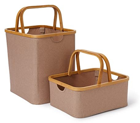 Lumaland faltbarer Bambus-Rahmen-Aufbewahrungskorb 2er Set in den Maßen 40,5 x 33 x 17 cm und 40,5 x 33 x 42 cm, Taupe