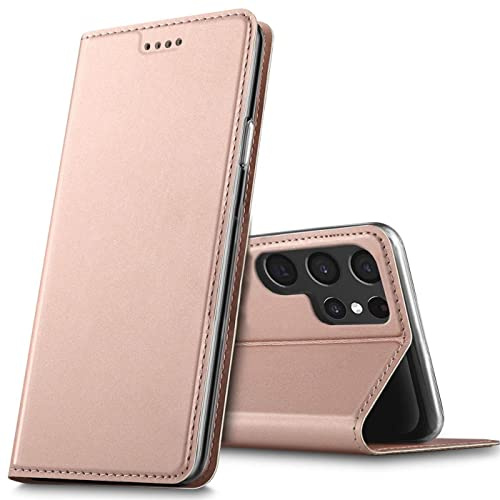 Verco mobilfodral för Samsung Galaxy S22 Ultra, Premium bokväska flip fodral för Samsung S22 Ultra 5G skal plånboksfodral pu läderväska [integrerad magnet], Rosa